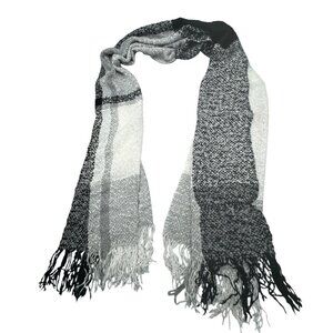 Womens Charlie Acrylic Knit Black White Textured Scarf Fringed Ends 76x20" READ